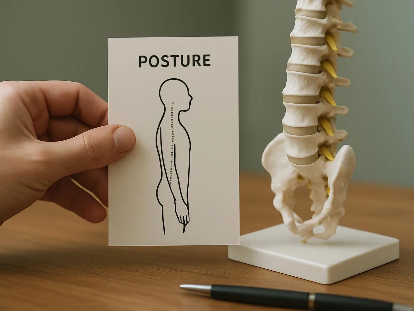 A hand holds a posture card beside a spine model on a wooden table
