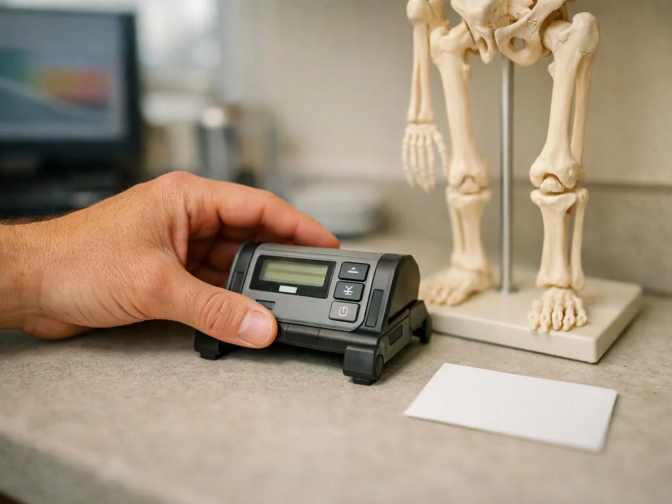 A hand holds a small digital timer beside a skeleton model on a countertop