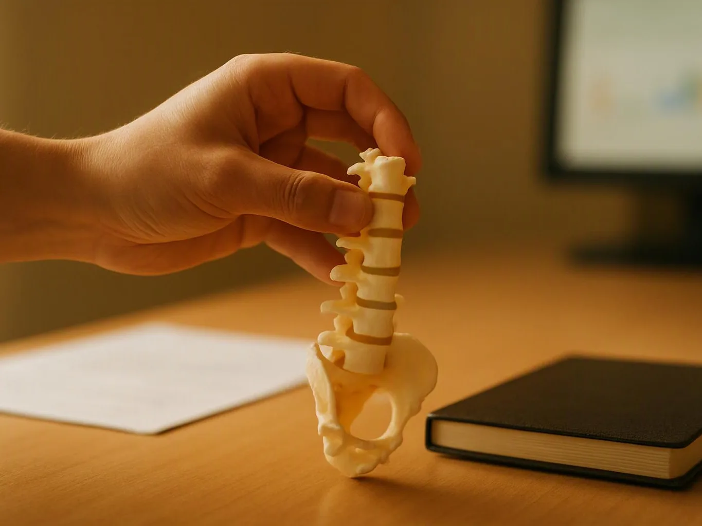 A hand holds a small model spine and pelvis above a wooden desk with a notebook and book nearby