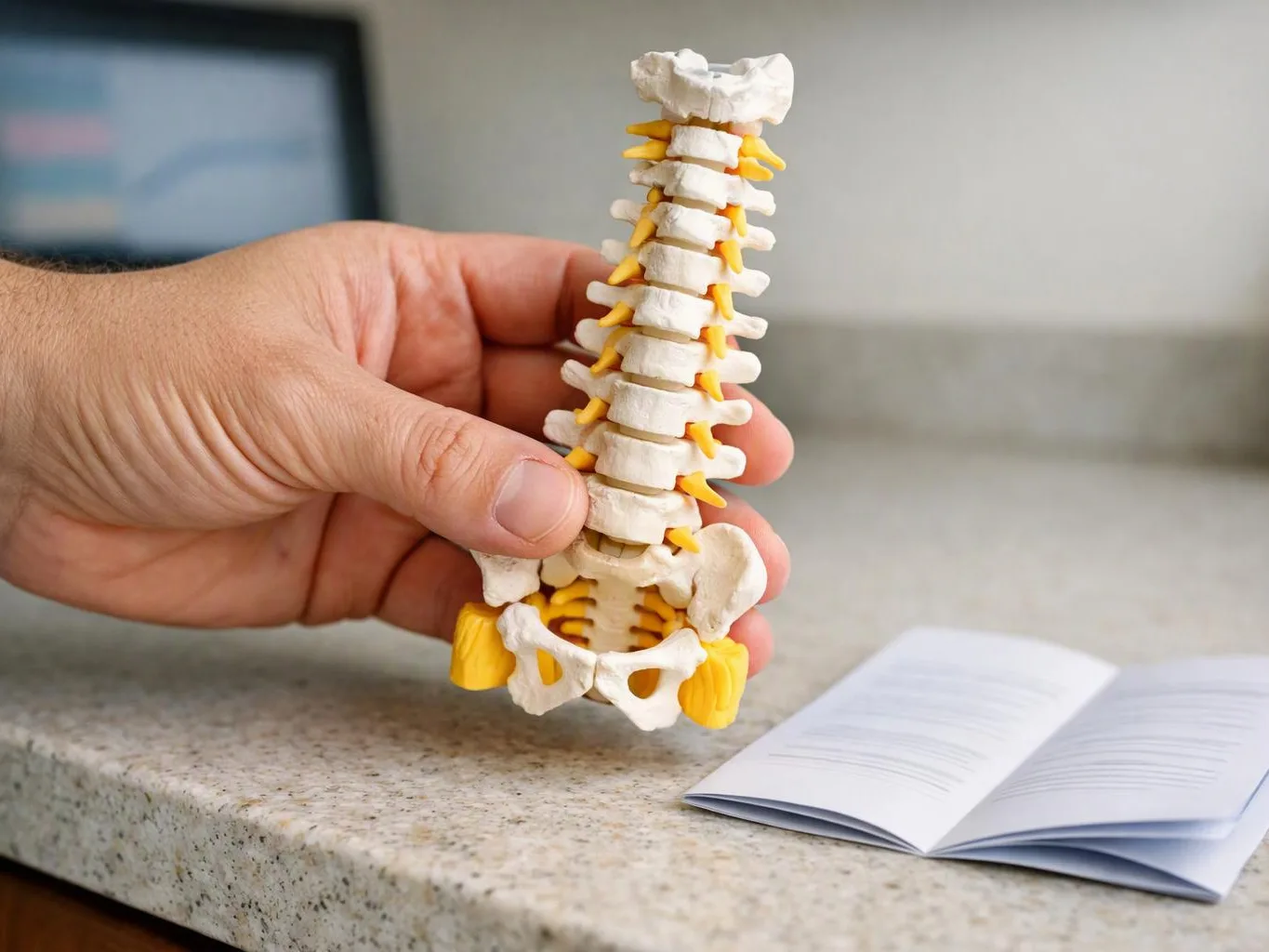 A hand holds a small spine model over a countertop beside an open booklet