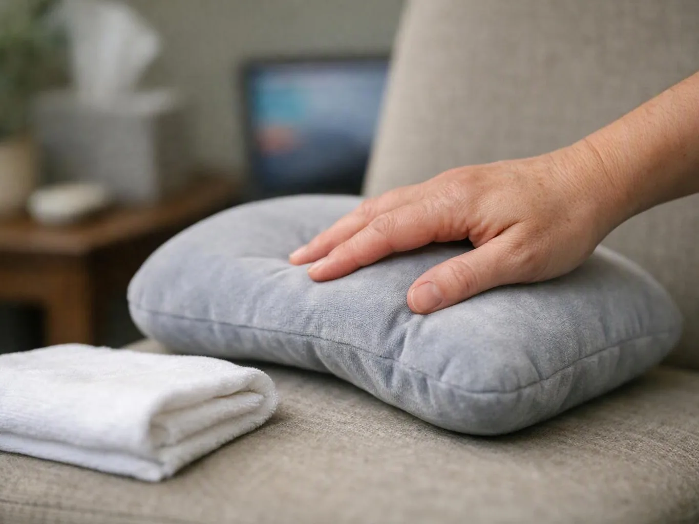 A hand rests on a gray cushion beside a folded white towel on a sofa