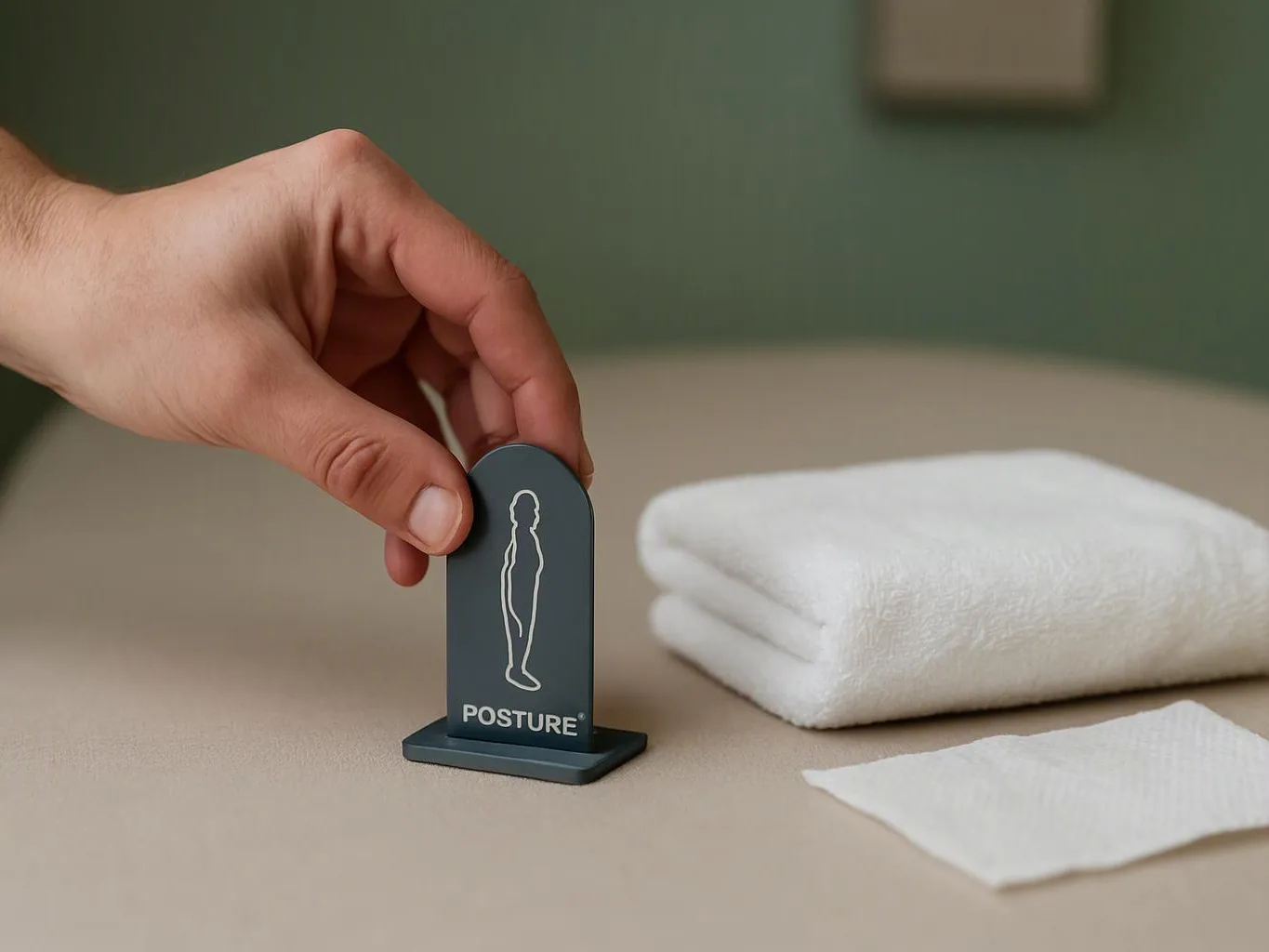 A hand sets down a small posture figurine beside folded white towels on a tabletop