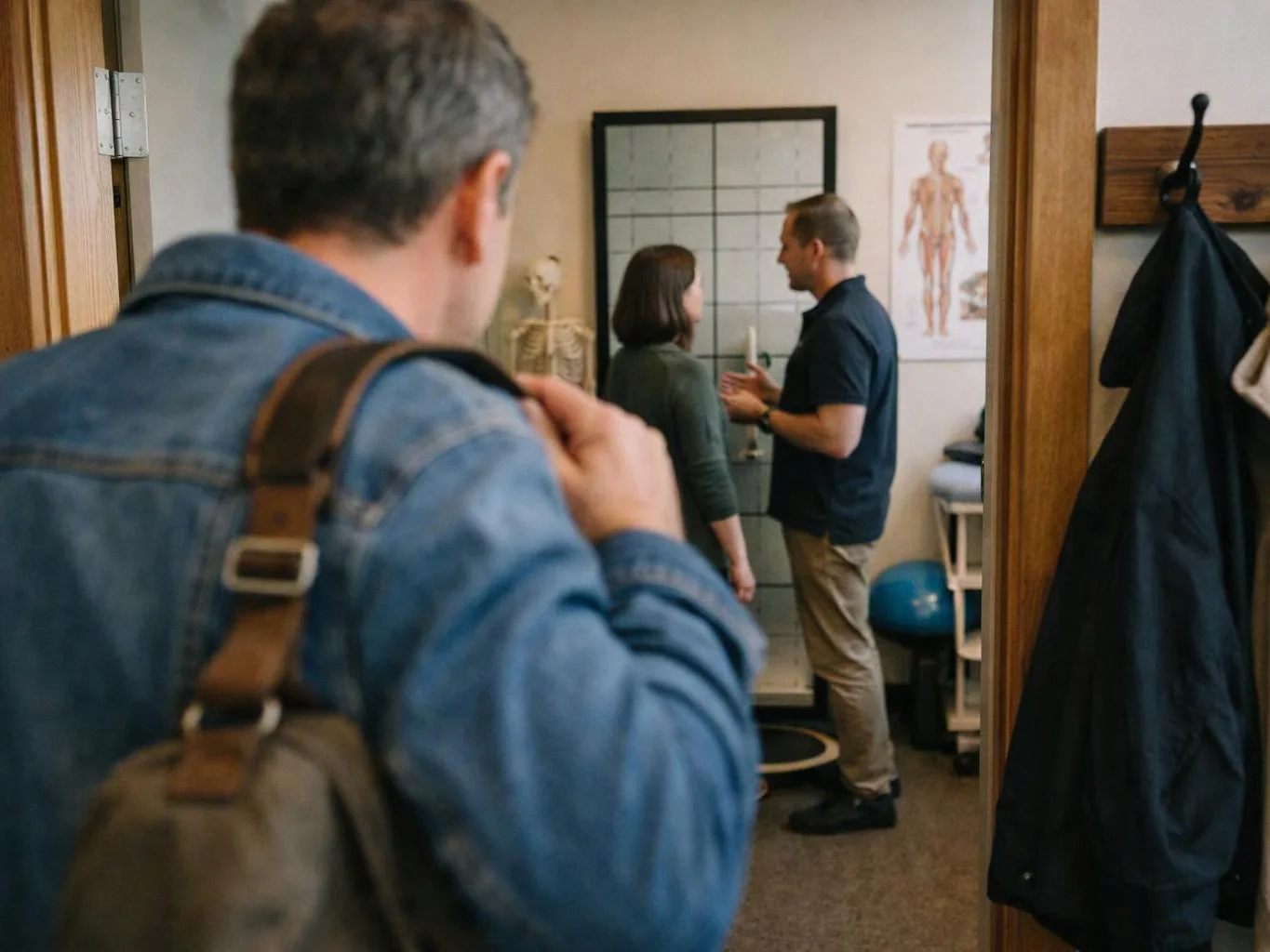 A man with a backpack looks into a clinic room where two people talk near a skeleton model and anatomy poster