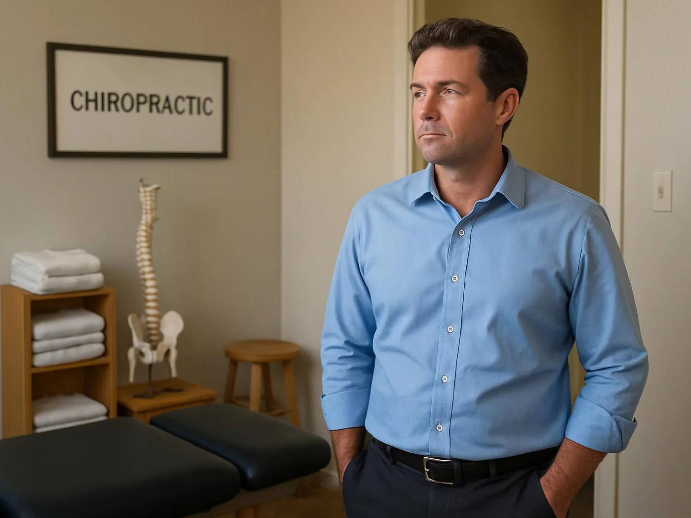 A man in a blue shirt stands in a chiropractic exam room beside a treatment table and spine model