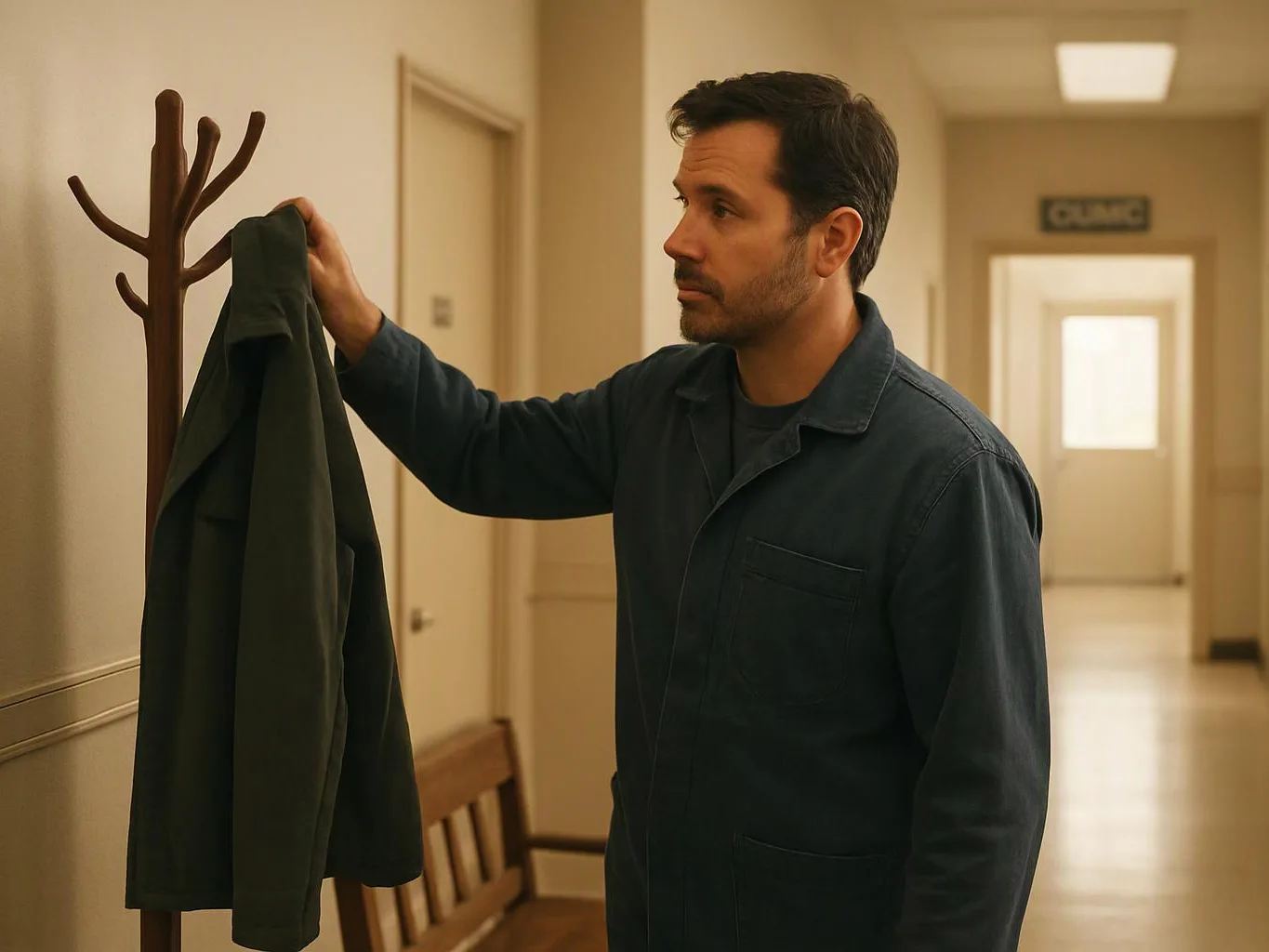 A man in a hallway hangs a dark jacket on a wooden coat rack near a bench