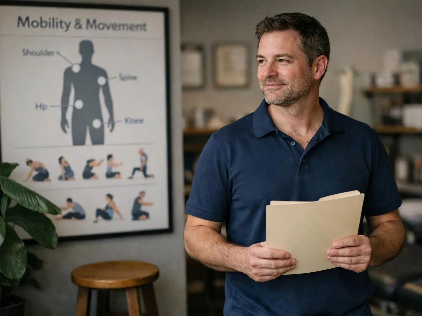 A man in a navy polo holds papers beside a mobility poster in a clinic-like room