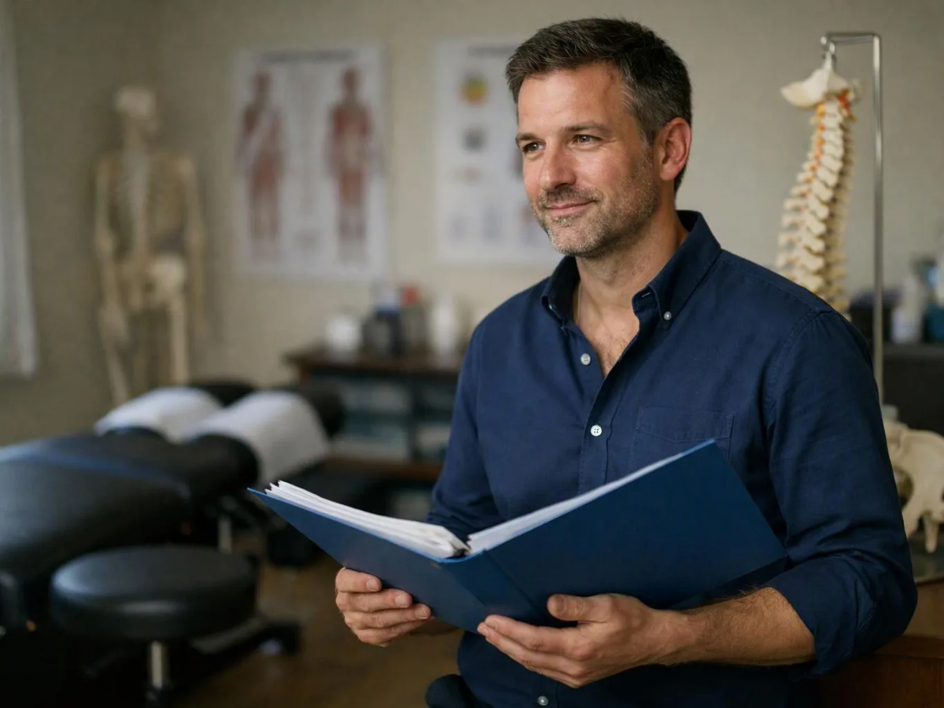 A man in a navy shirt holds an open blue folder in a clinic room with anatomy models and exam tables