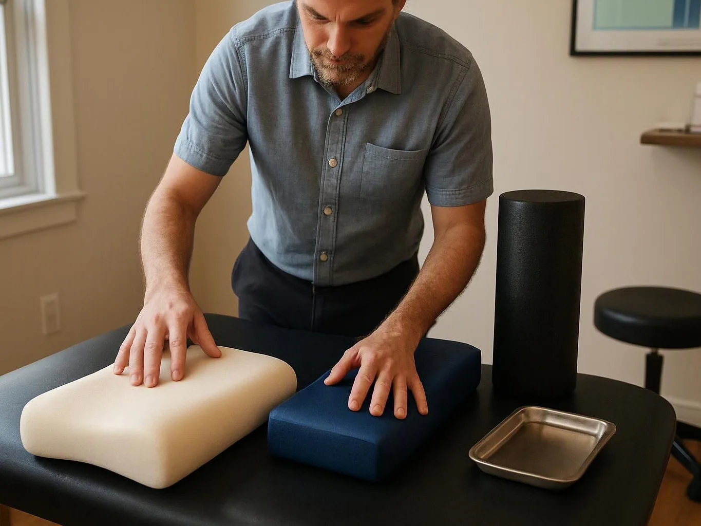 A man presses two foam blocks on a black table in a bright room