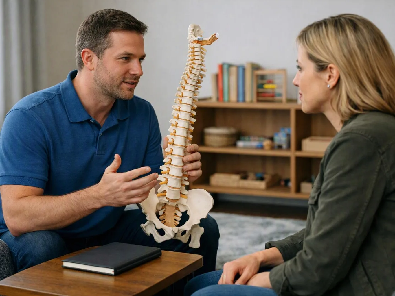 A man shows a spine model to a woman during a seated discussion in a quiet room