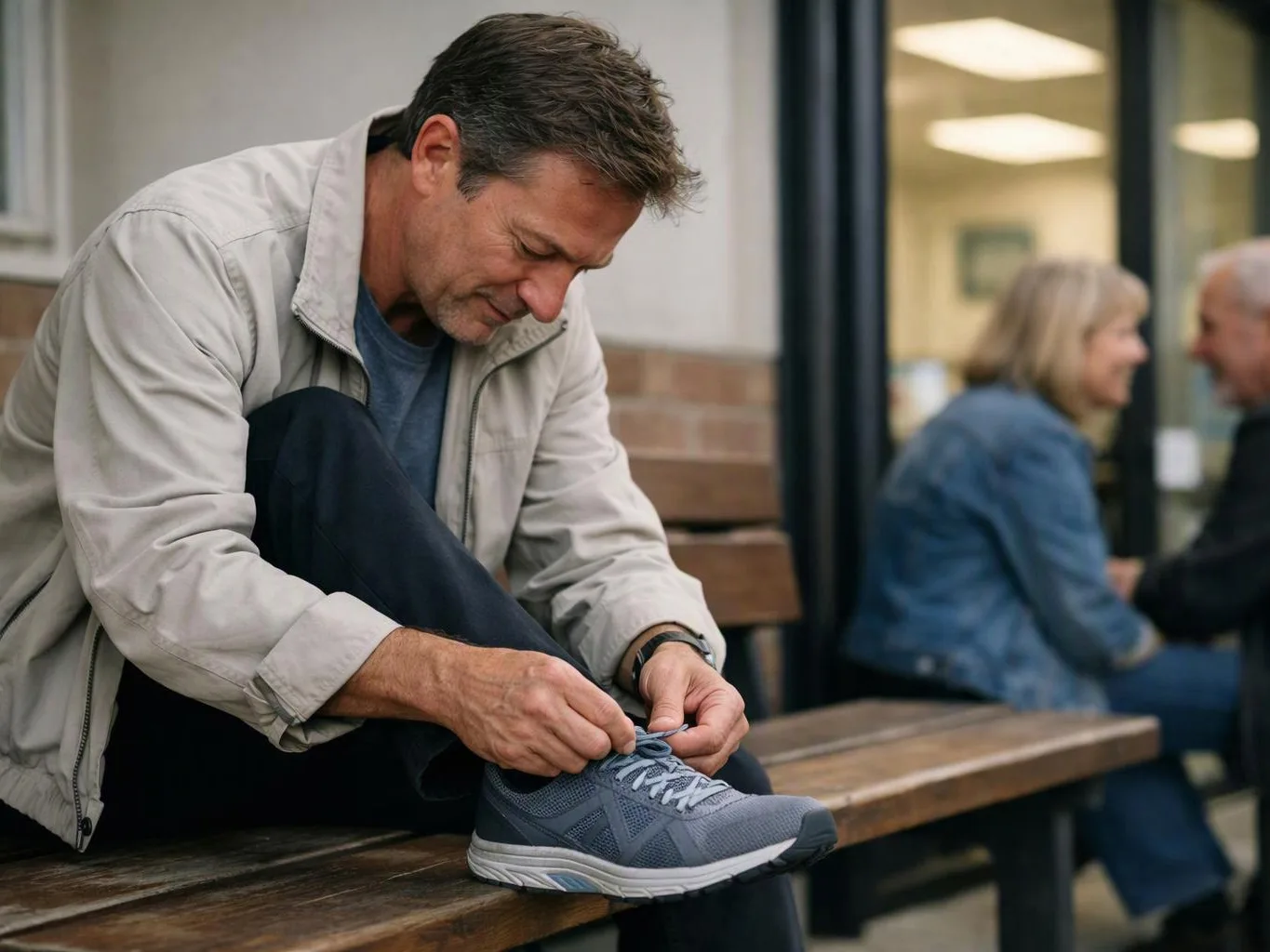 A man sits on a wooden bench, tying his blue sneaker outside a building with blurred people behind him