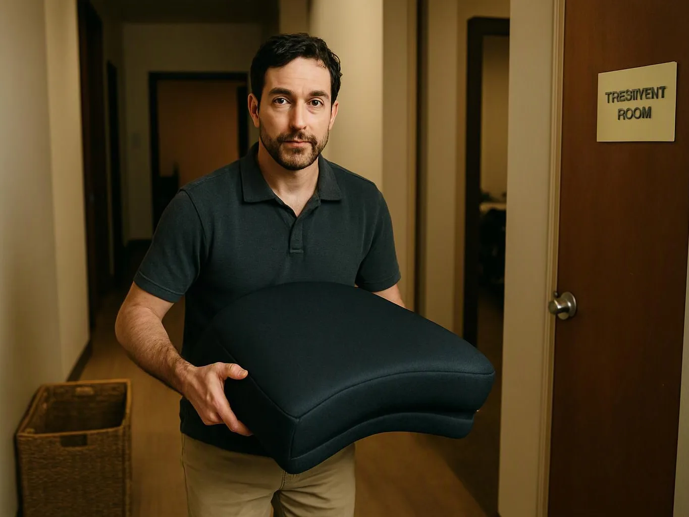 A man stands in a hallway holding a large black cushion near a door with a room sign