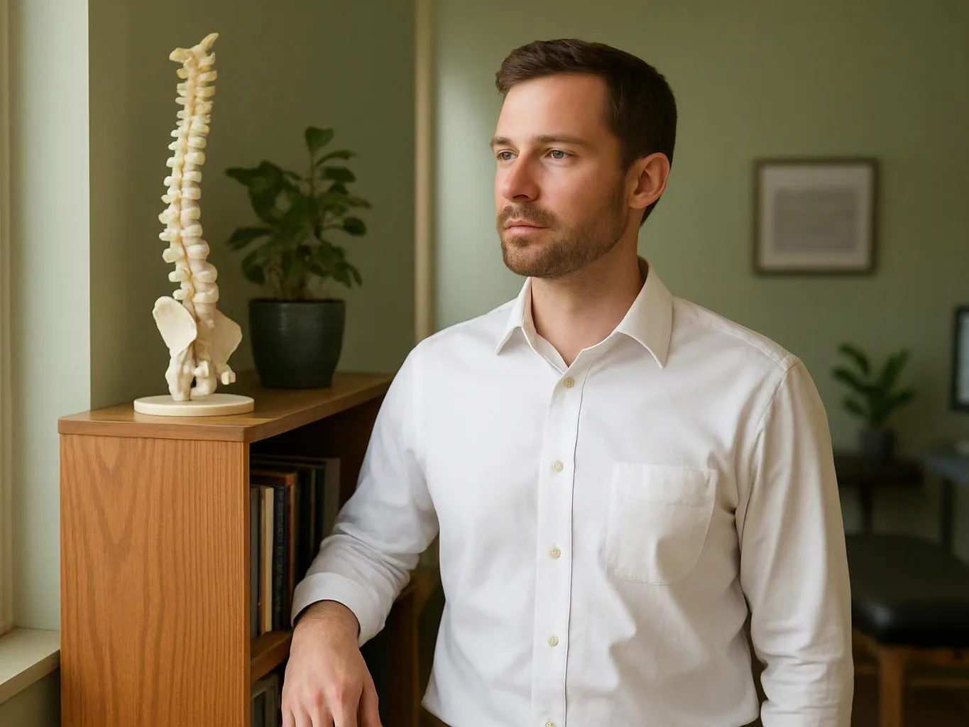 A man in a white shirt stands beside a wooden shelf with a spine model and potted plant in a quiet room