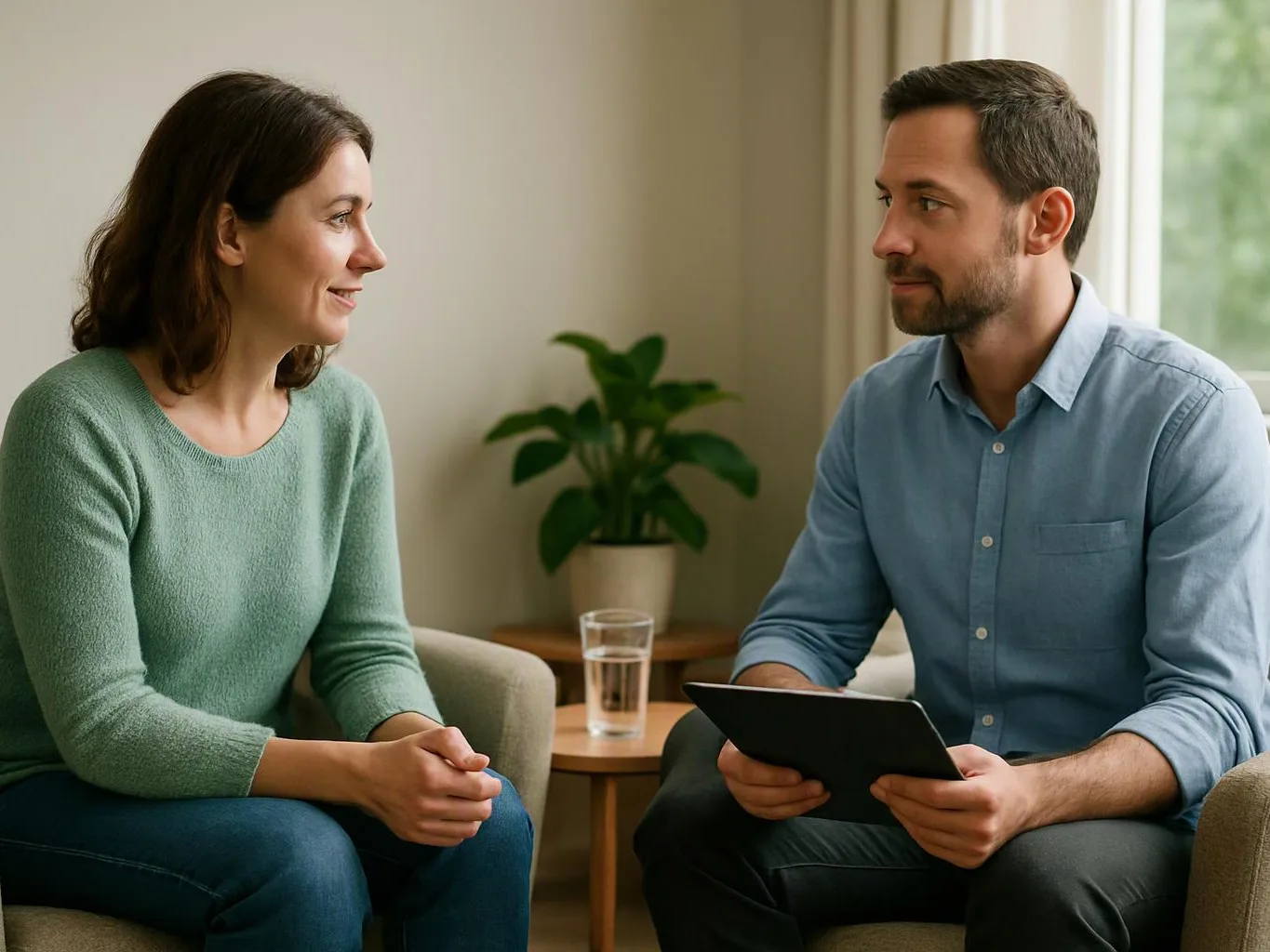 A man and woman sit facing each other in a bright room, talking with a tablet on the man’s lap