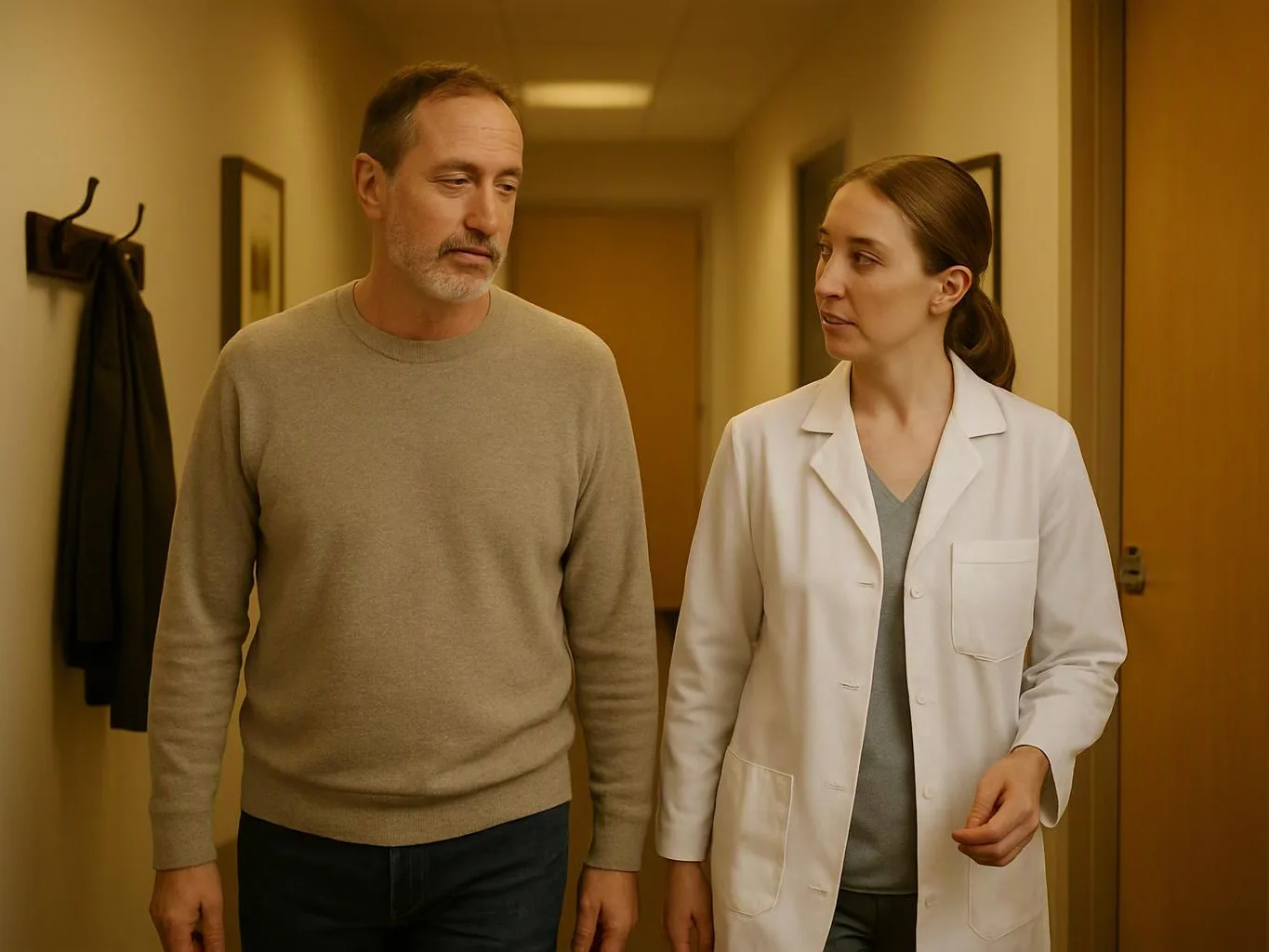 A man and a woman in a white coat walk down a hospital hallway, talking quietly