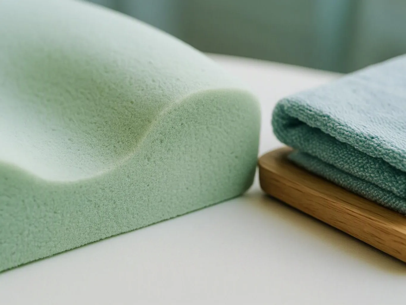 A mint green foam block sits beside folded blue towels on a wooden tray