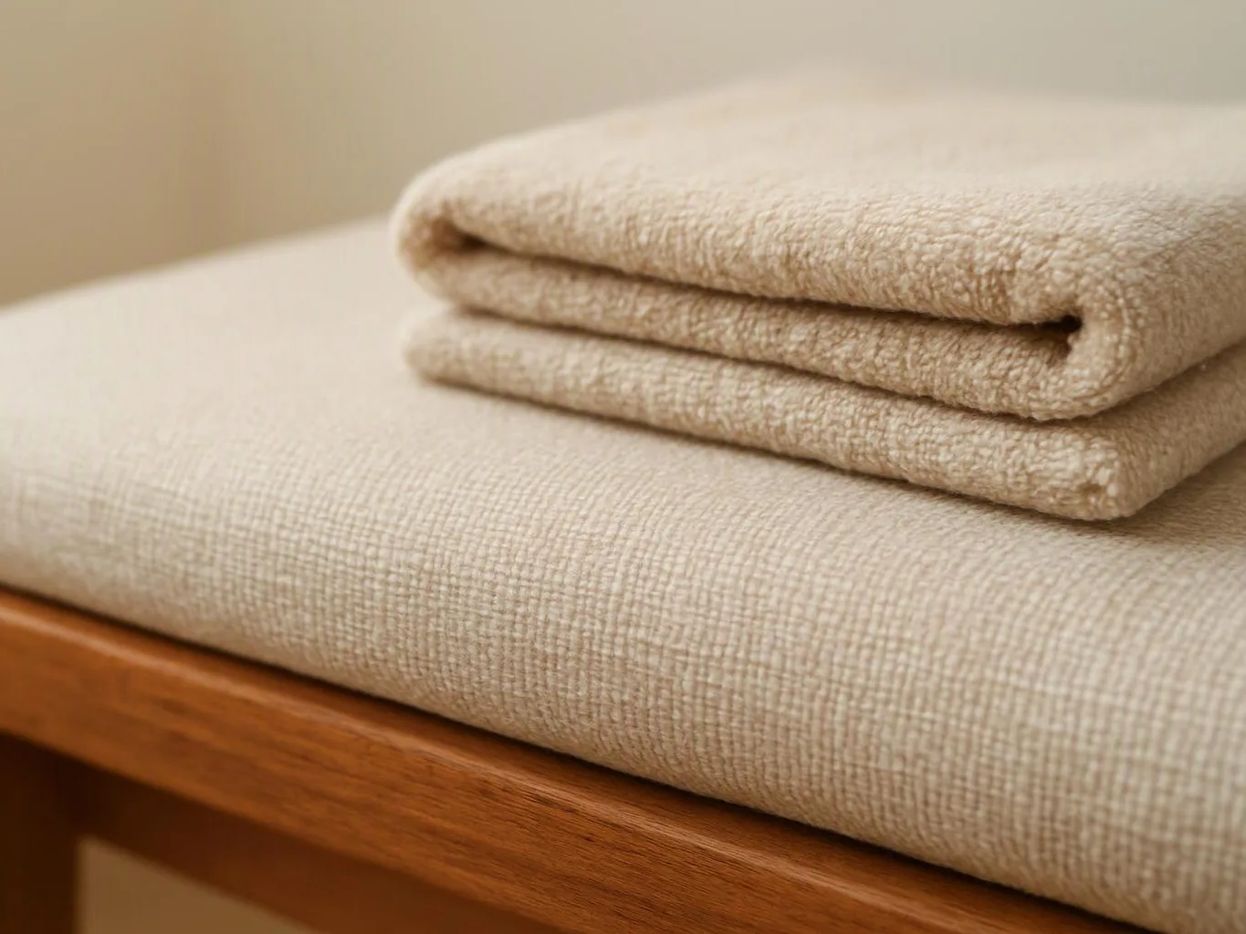 A neatly folded beige towel sits on a textured cushion atop a wooden bench