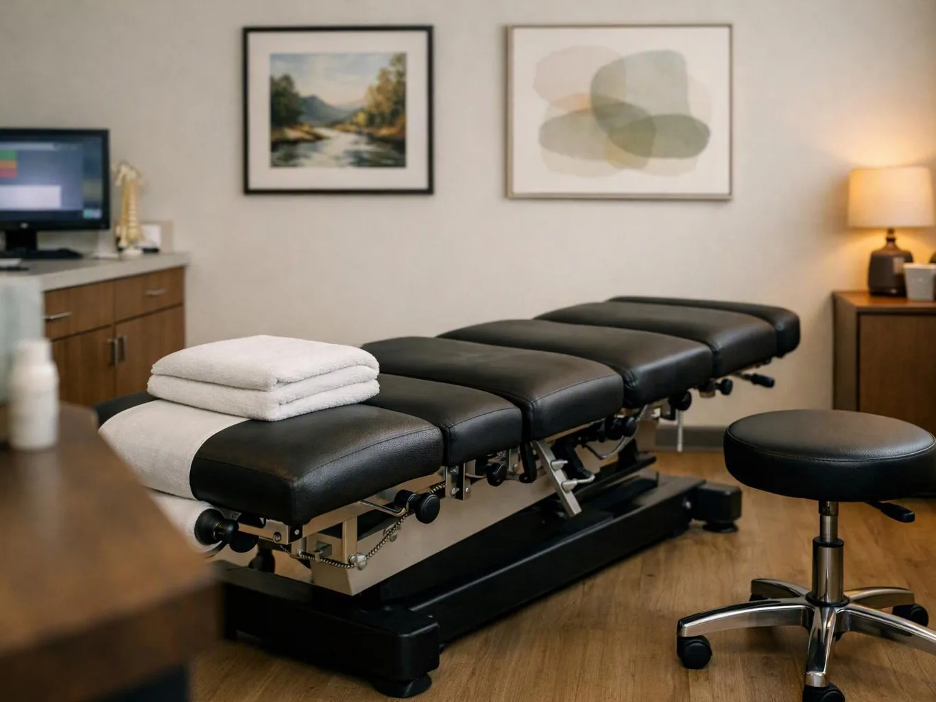 A padded black treatment table sits in a quiet room with towels, a stool, framed art, and a lit lamp