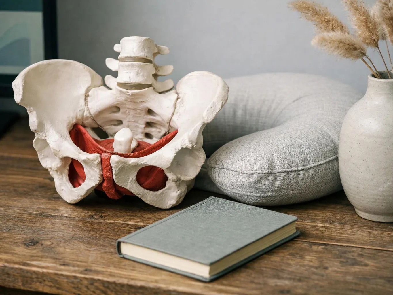 A pelvic bone model sits on a wooden table beside a gray cushion, vase, and closed book