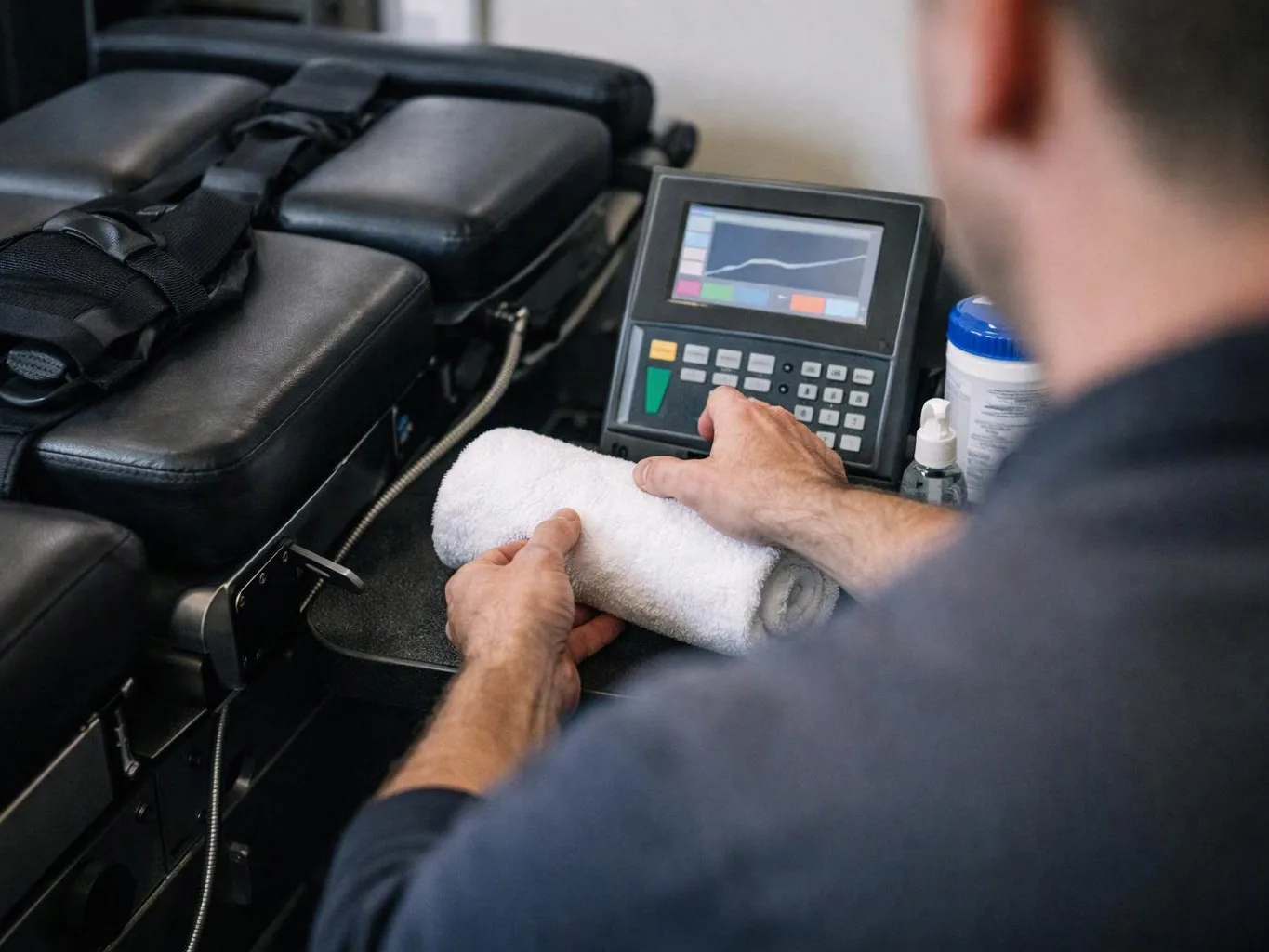 A person adjusts a control panel beside black padded treatment tables while holding a rolled white towel