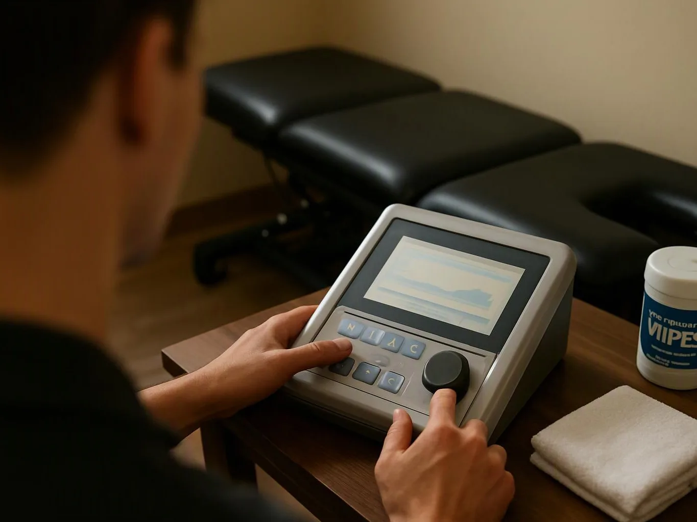 A person adjusts a small therapy device on a table beside a treatment bench in a quiet room