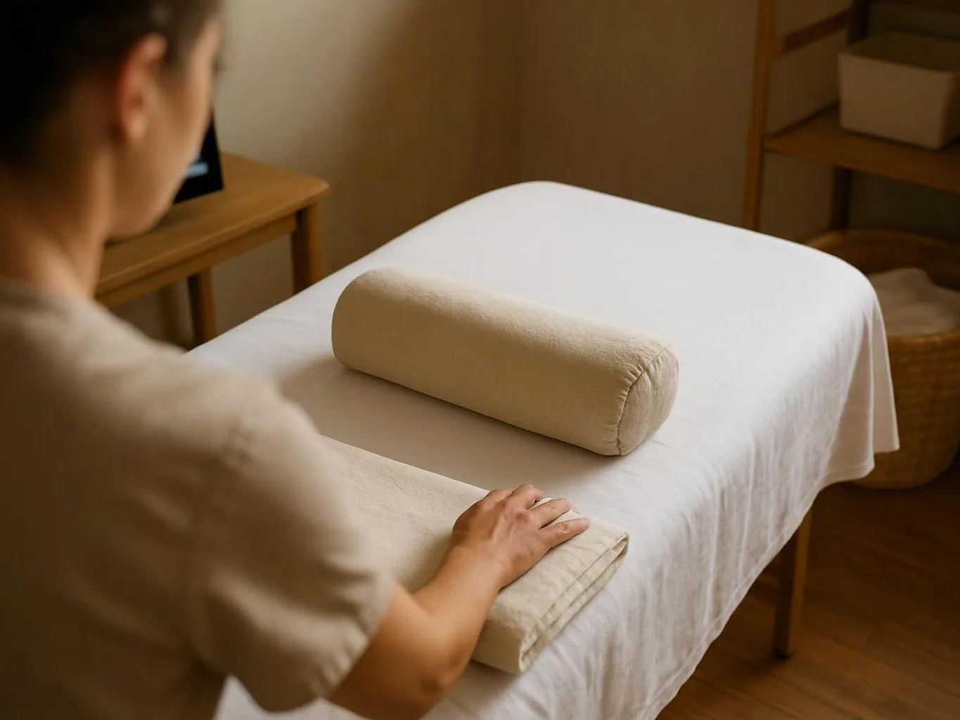 A person arranges folded towels on a massage table in a warm room