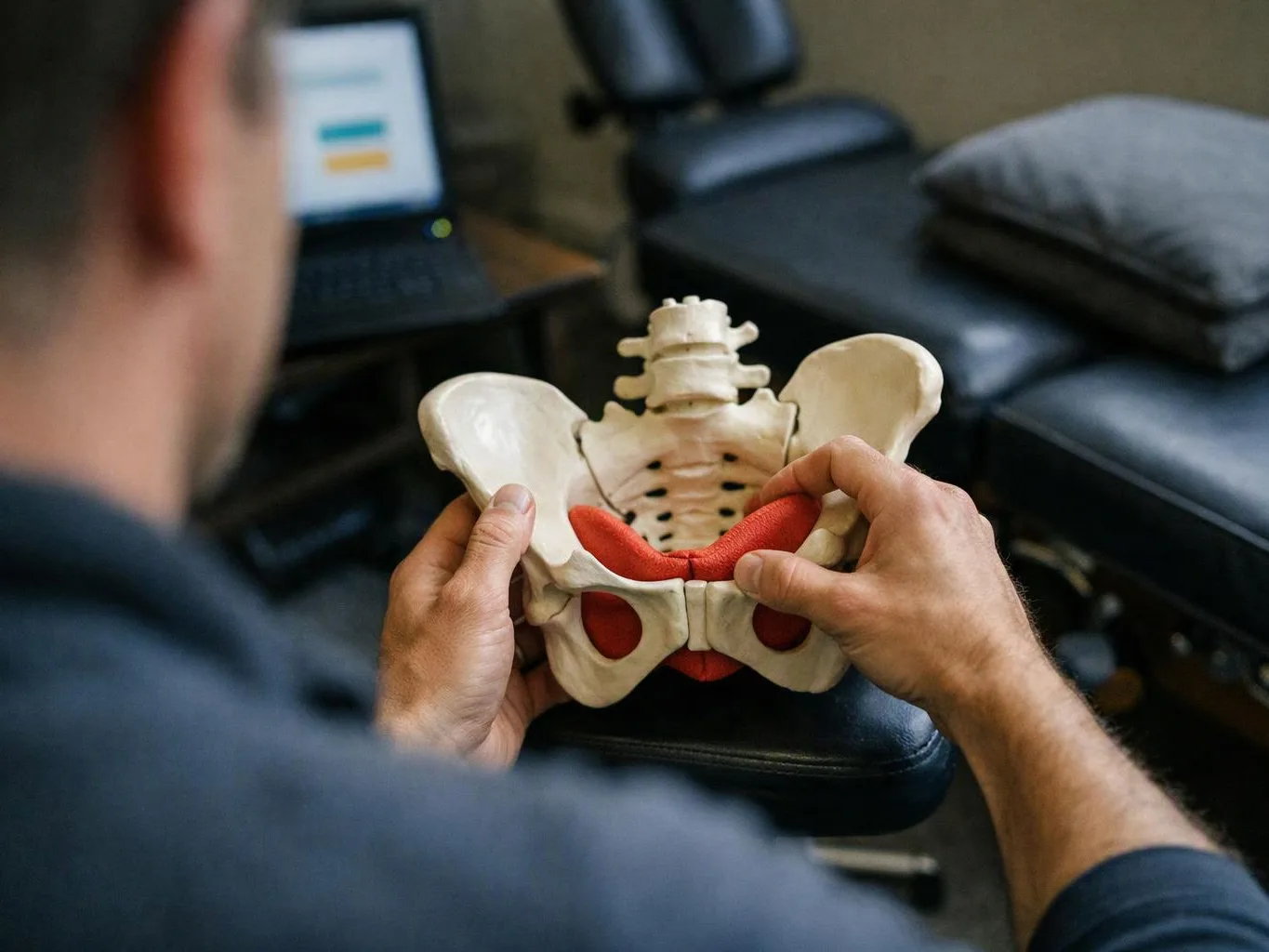 A person holds a pelvis and lower spine model in a clinic room while a laptop and treatment table sit nearby