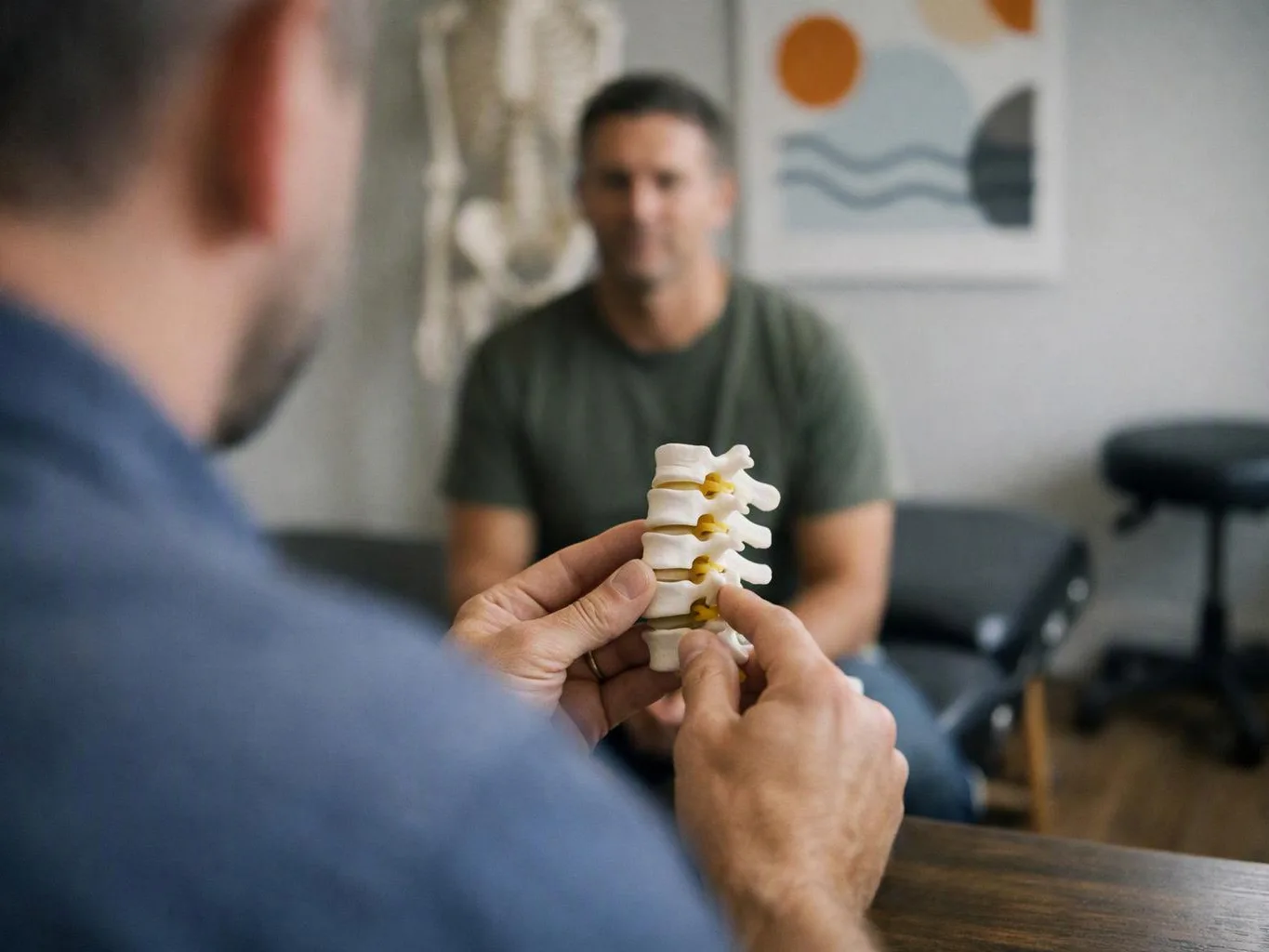 A person holds a small spine model while talking with a seated man in a clinic room