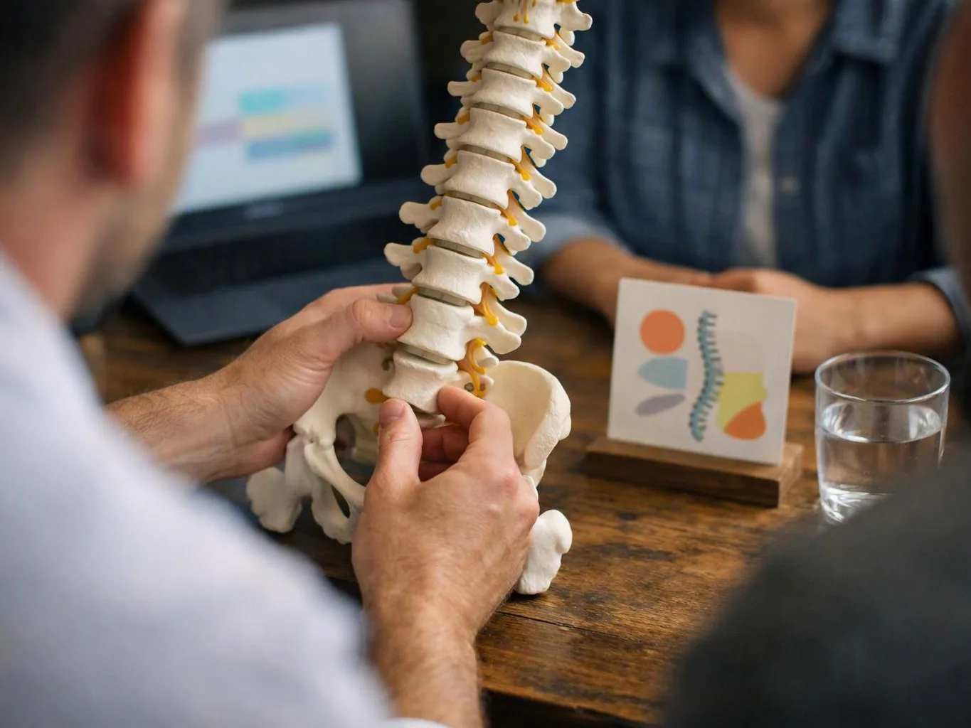 A person holds a spine model at a table while another listens beside a laptop and water glass