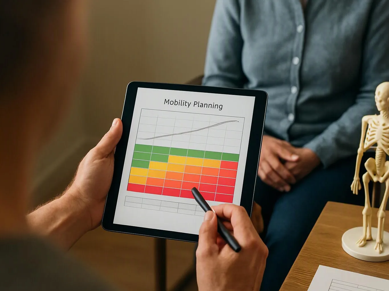 A person holds a tablet showing a mobility planning chart while another sits nearby and a skeleton model stands on the table