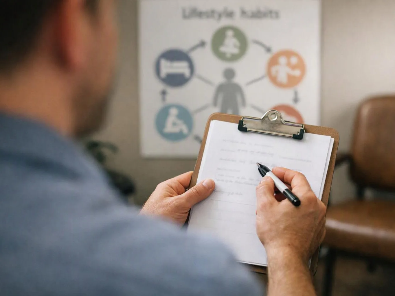 A person writes on a clipboard while facing a blurred wall poster with lifestyle icons