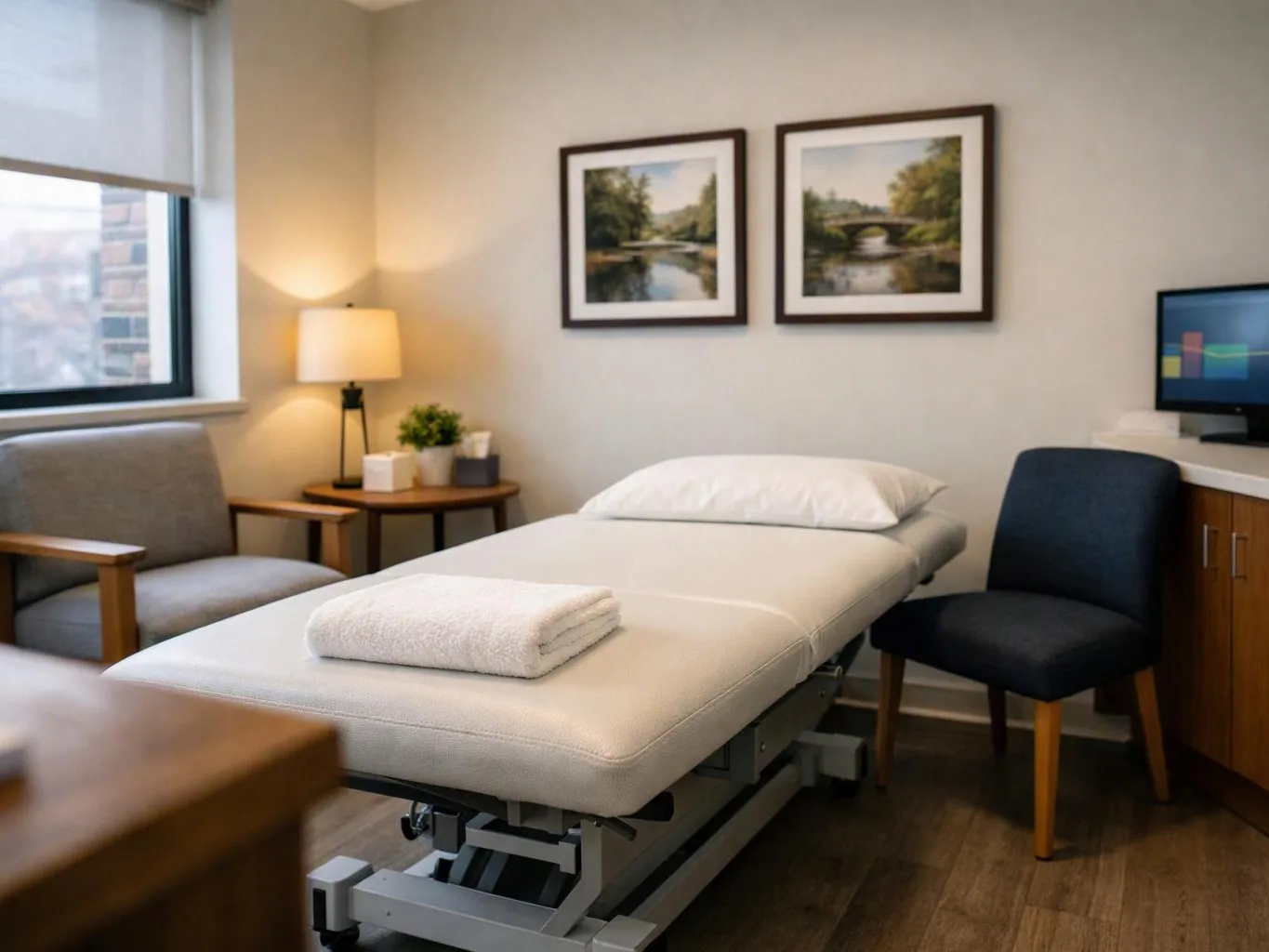 A quiet exam room has a treatment table, chair, lamp, framed pictures, and a monitor by the wall