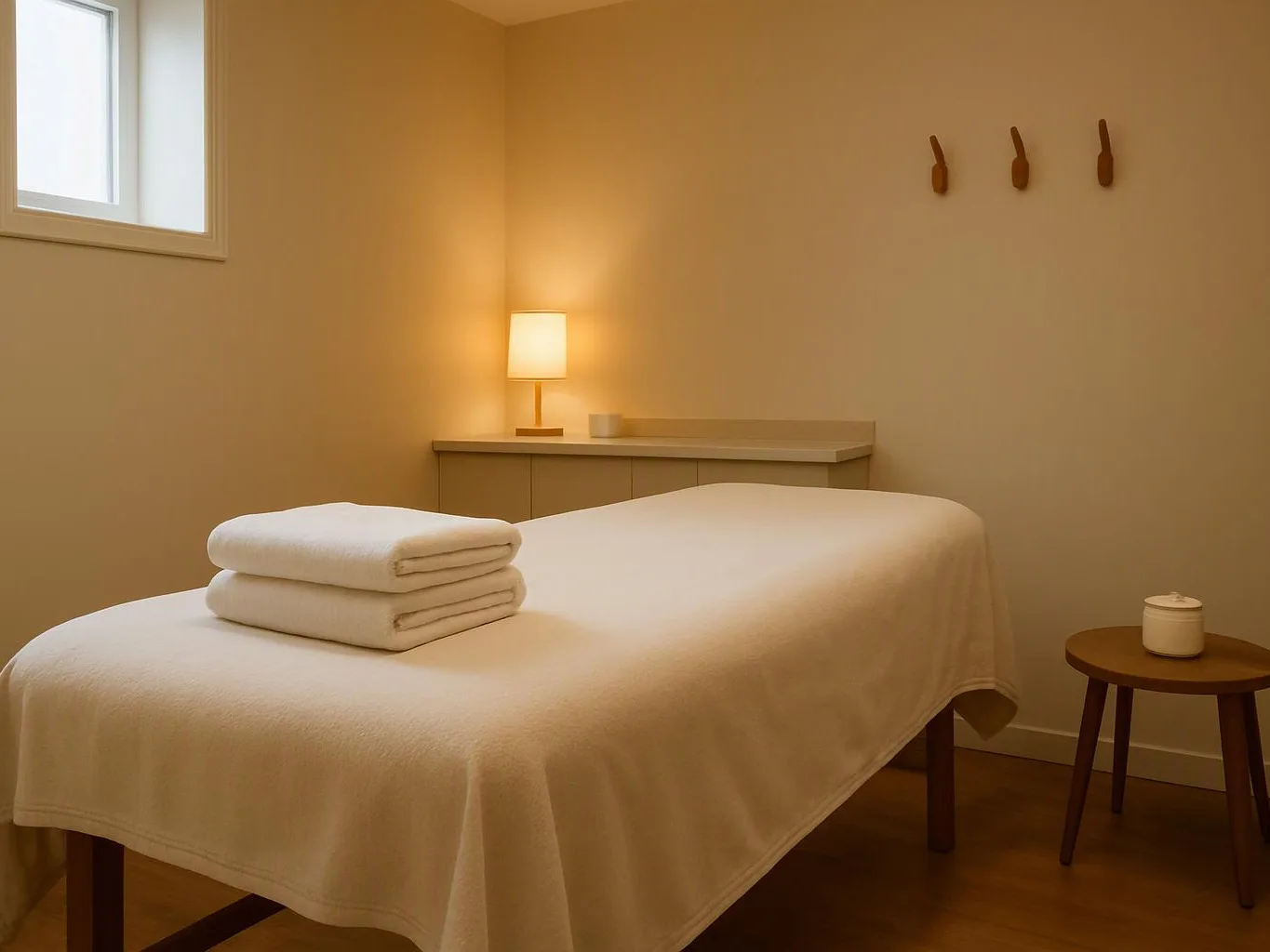 A quiet massage room shows a covered treatment table, folded towels, a lit lamp, and a small stool