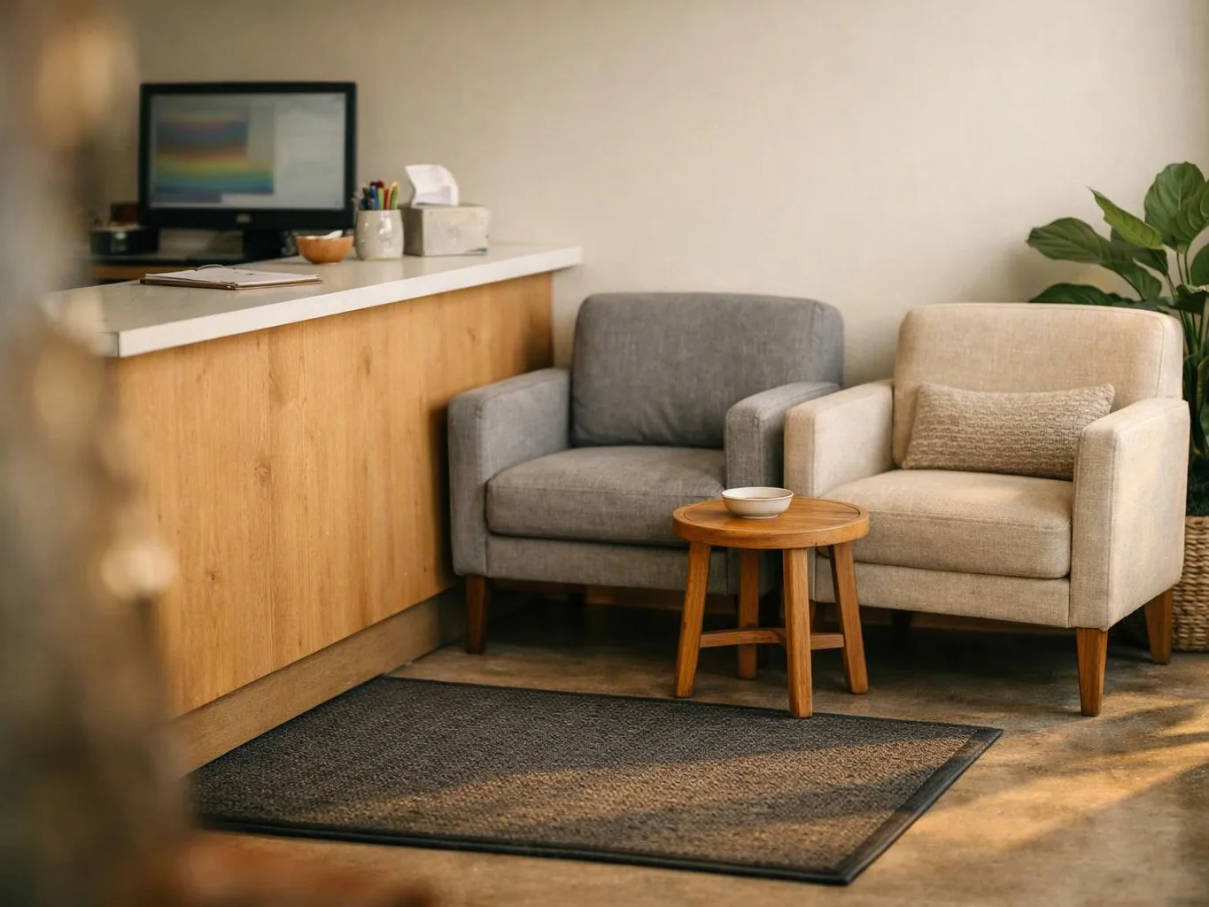 A quiet waiting area shows two armchairs, a small table, a counter, and a potted plant