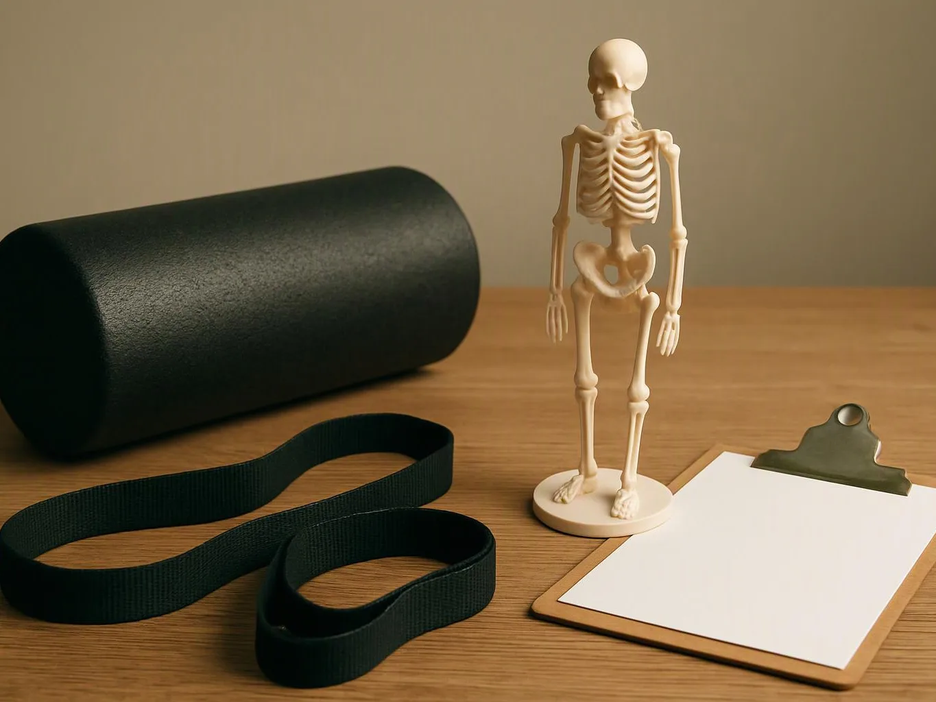 A small skeleton figurine stands beside a black foam roller, a yoga strap, and a blank clipboard on a wooden table