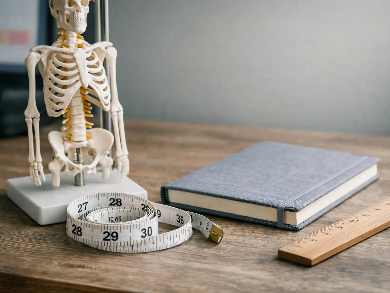 A small skeleton model, measuring tape, closed notebook, and ruler sit on a wooden desk
