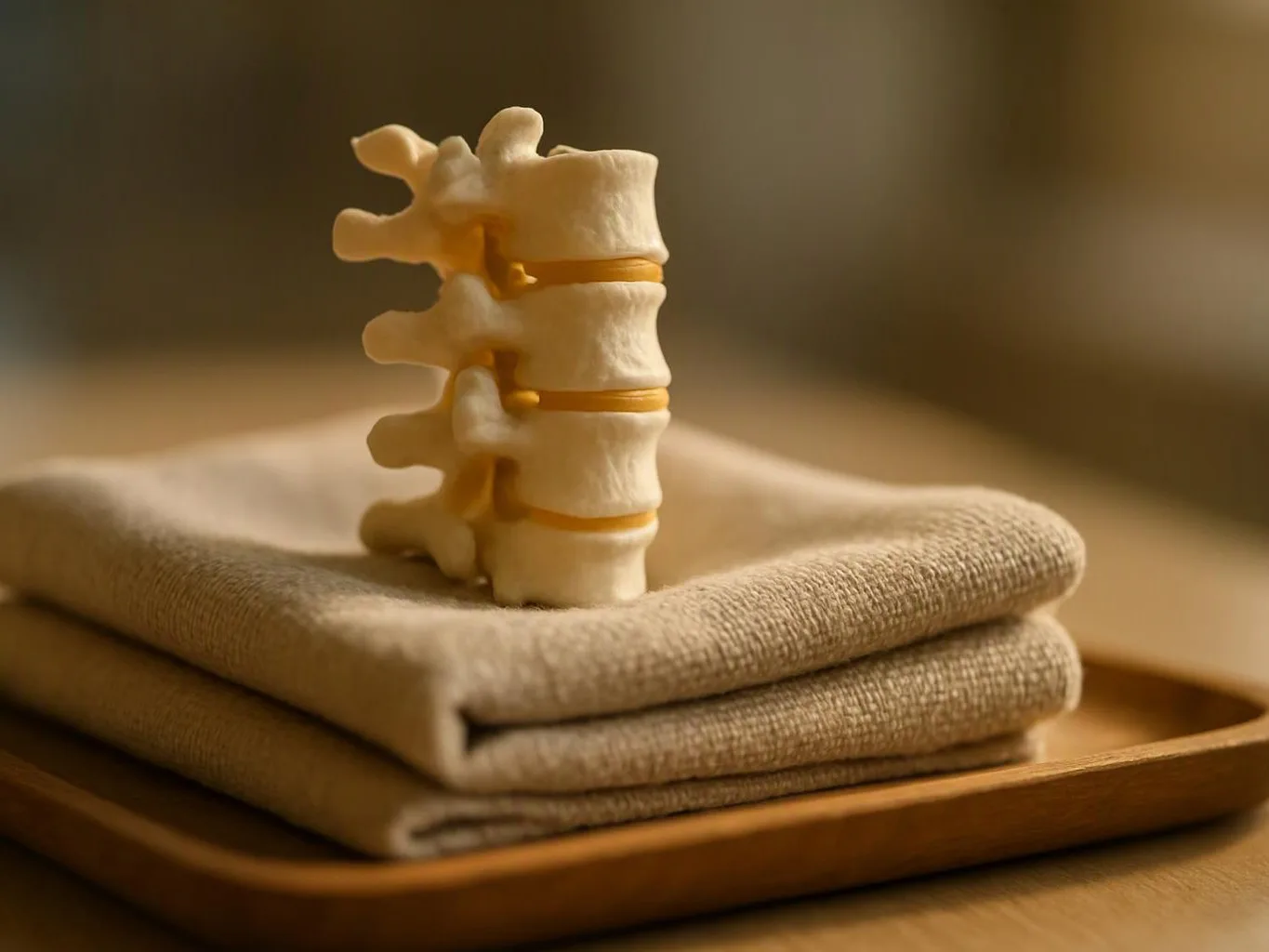 A small spine model stands on folded beige towels inside a wooden tray