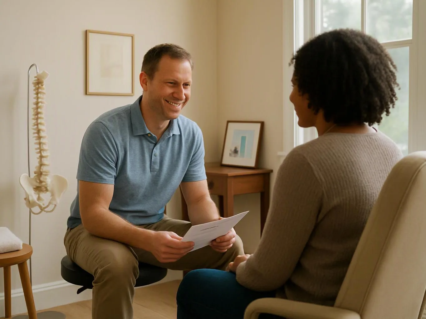 A smiling clinician talks with a seated woman in a bright exam room, holding a paper