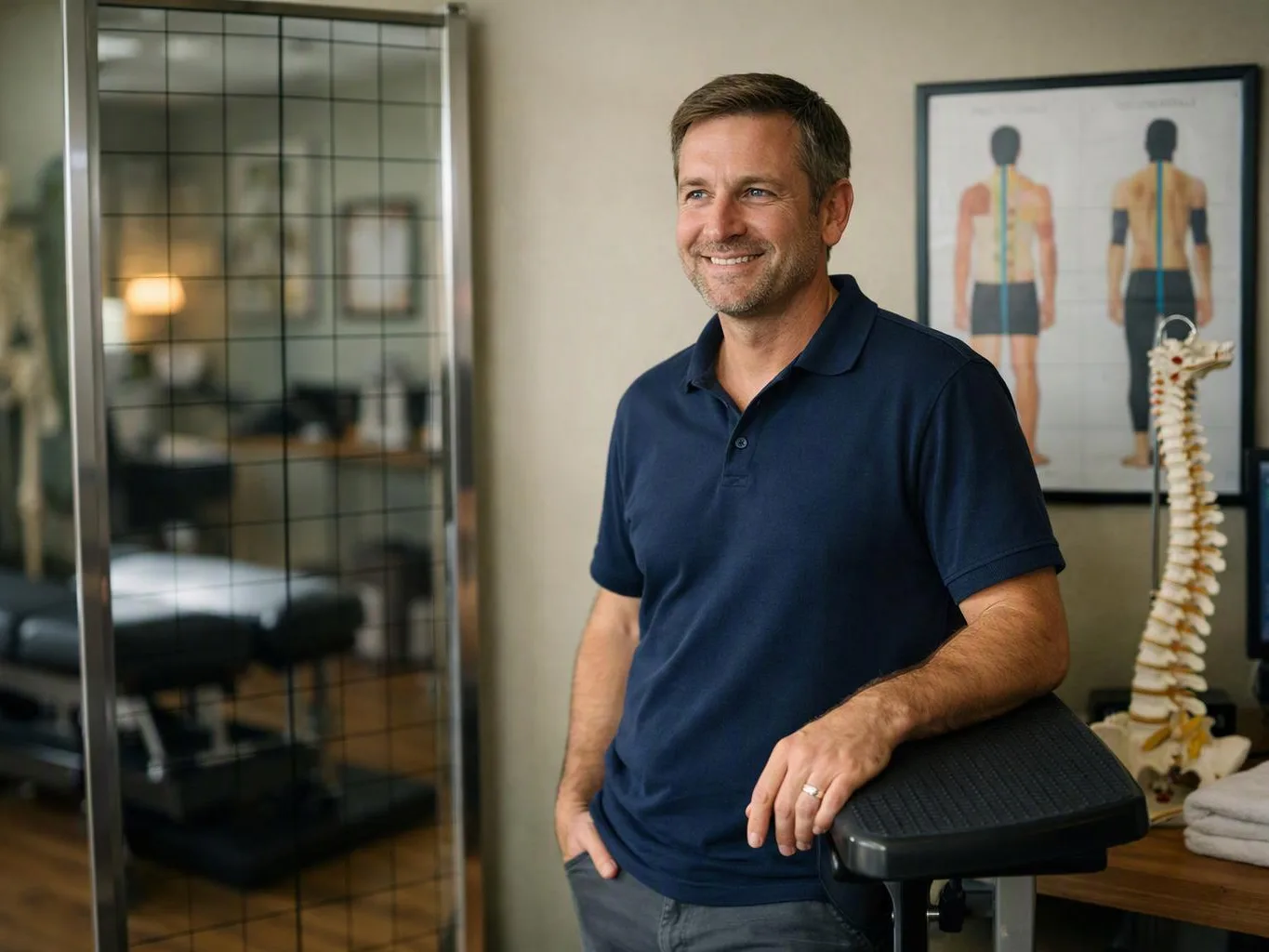 A smiling man in a navy polo stands beside a treatment table in a clinic room