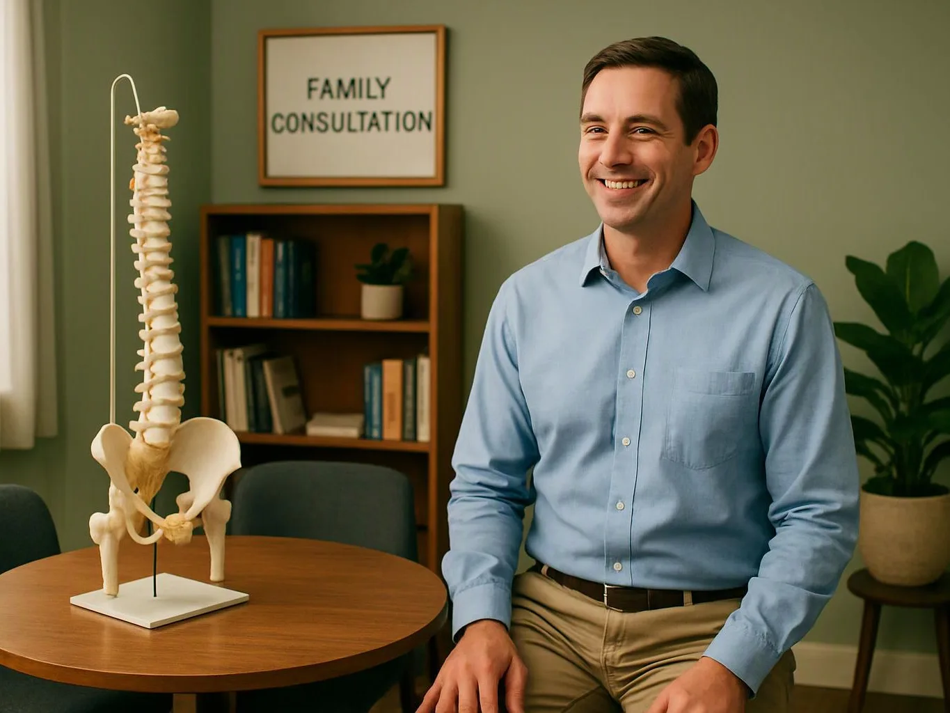 A smiling man sits beside a spine model in a calm consultation room with a framed sign and bookshelf