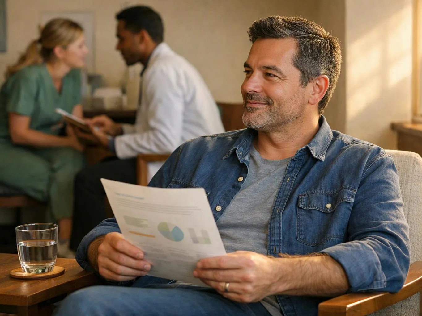 A smiling man sits holding a chart in a warm waiting room, with two blurred people talking behind him