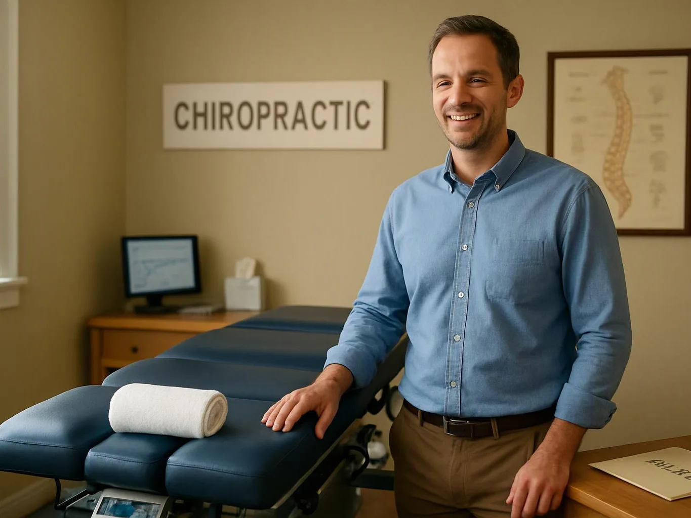A smiling man stands beside a chiropractic treatment table in a clinic room
