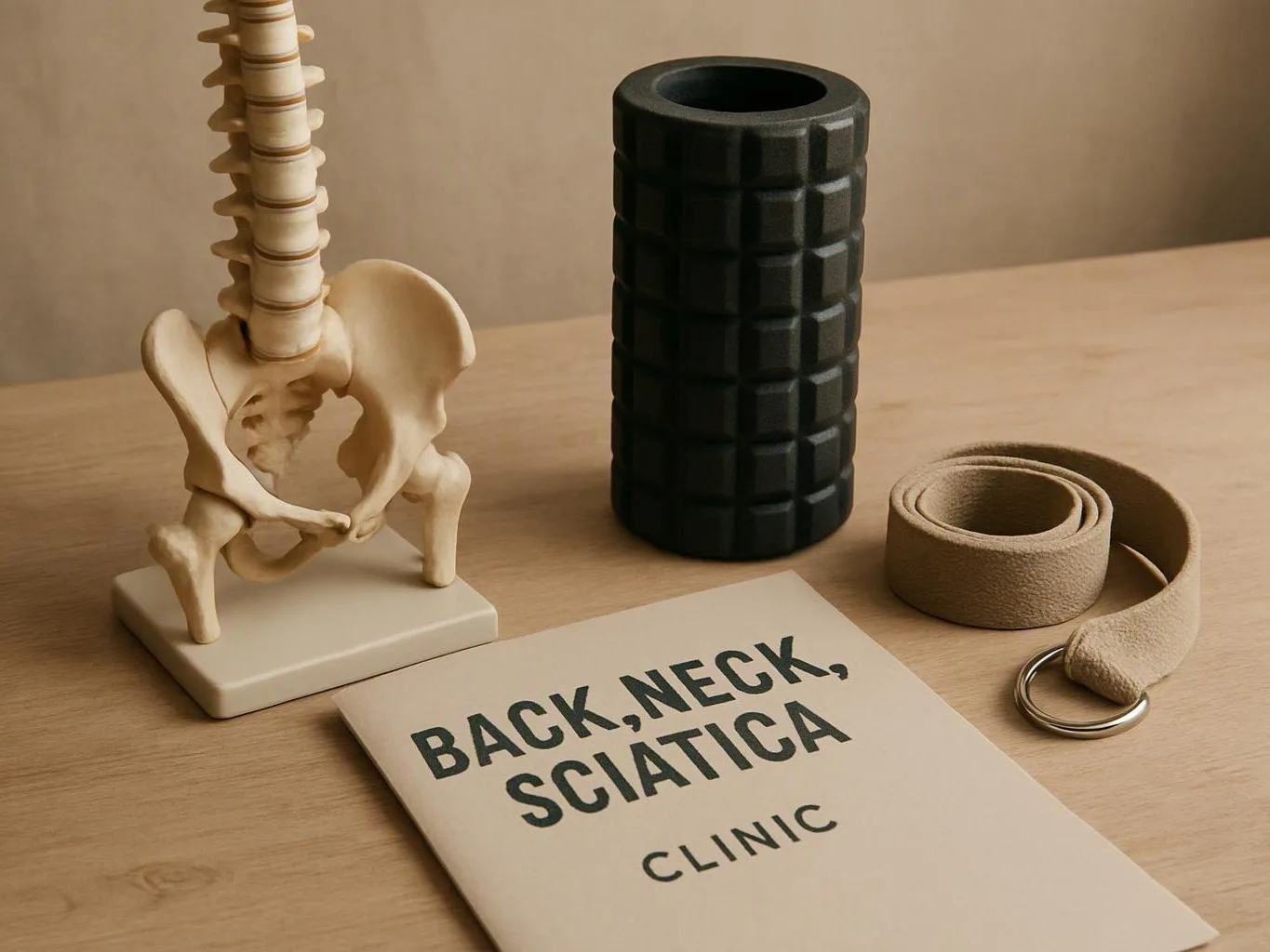 A spine model, foam roller, and rolled strap sit beside a clinic booklet on a wooden table