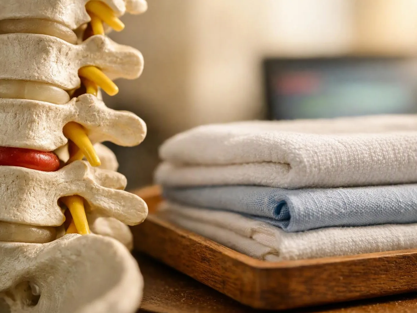 A spine model sits beside neatly folded towels on a wooden tray in a soft, warm room