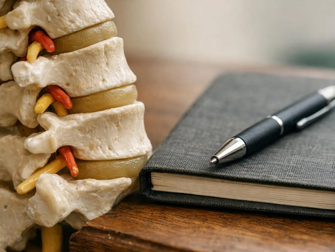 A spine model stands beside a closed notebook with a pen on a wooden table