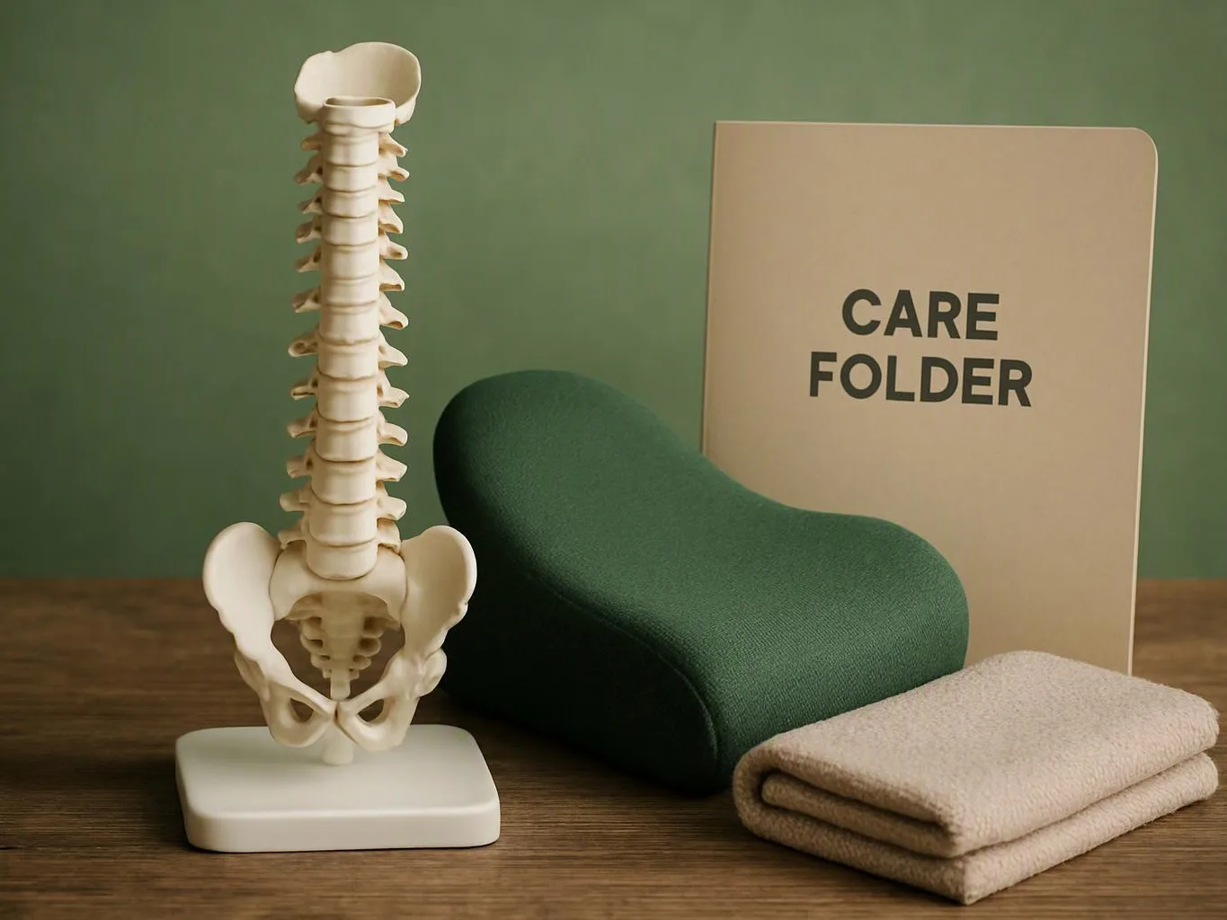 A spine model stands beside a green cushion, folded towel, and a folder labeled care folder on a wooden table