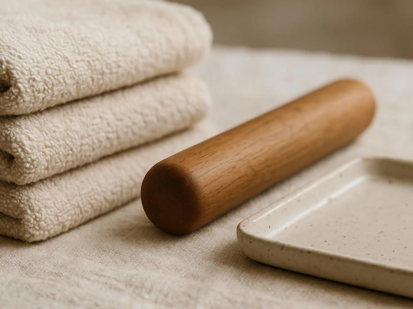 Stacked cream towels sit beside a wooden massage roller and a speckled tray on a soft fabric surface