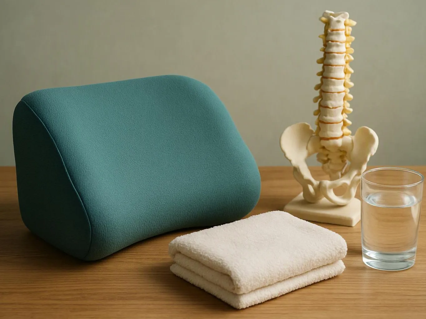 A teal lumbar cushion, folded white towel, water glass, and spine model sit on a wooden table