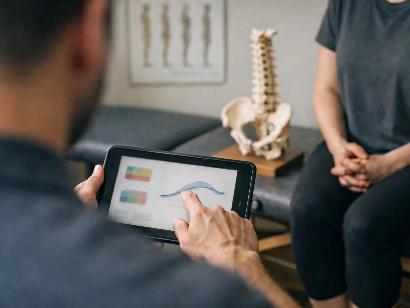 A therapist points at a tablet chart while a seated patient listens in a clinic room