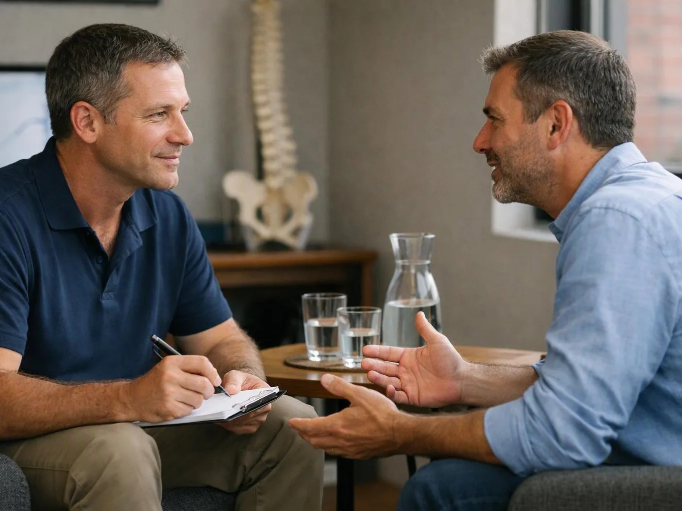 Two men sit facing each other in a room, one taking notes while they talk beside water glasses and a carafe