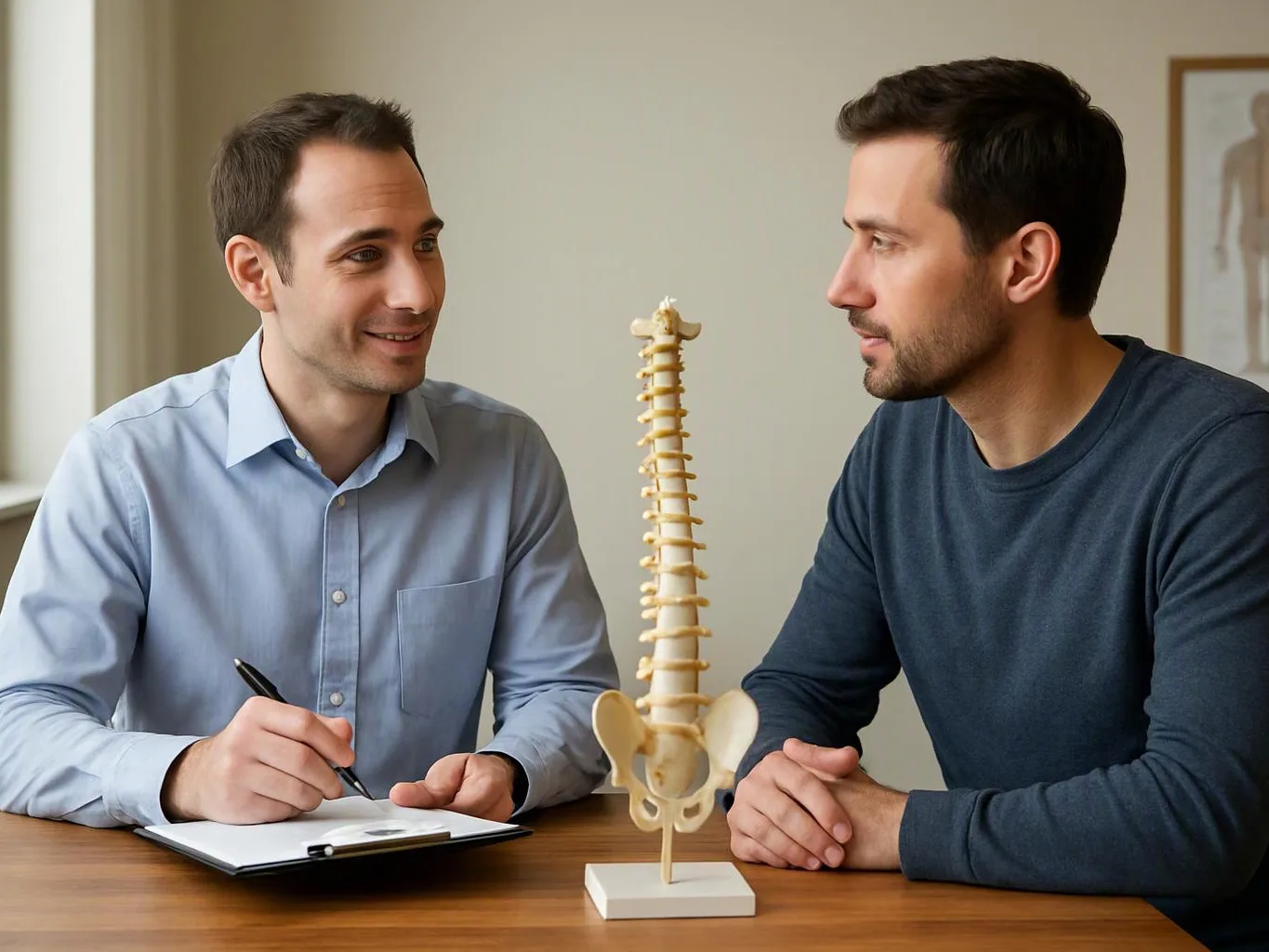 Two men sit at a table, one taking notes while they look at a spine model between them